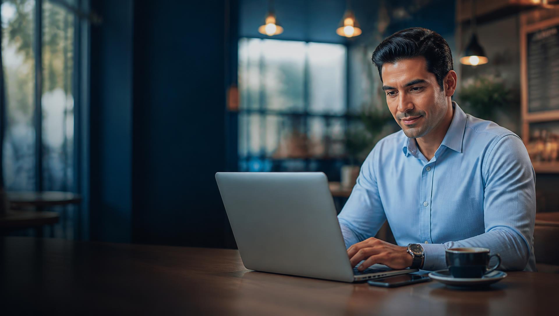 Vendedor trabajando con su laptop desde una cafetería