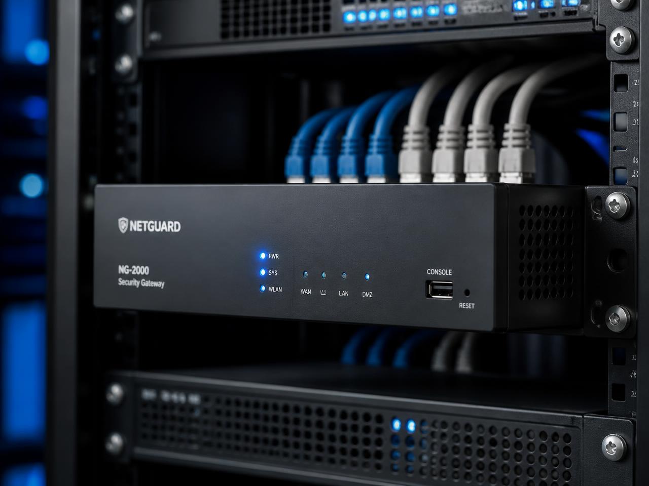 Pasarela de seguridad instalada en el rack de una oficina